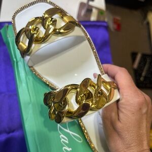 Lauren Lorraine White Sandals with Gold Accents